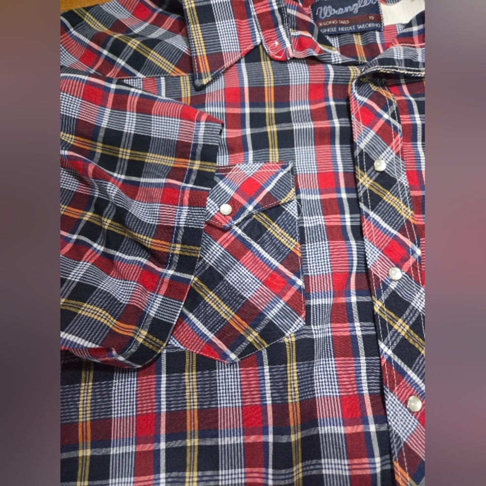 Wrangler Western Plaid Snap Button Shirt Men's XL X-Long Tails Red Blue‎ Yellow - Picture 5 of 12